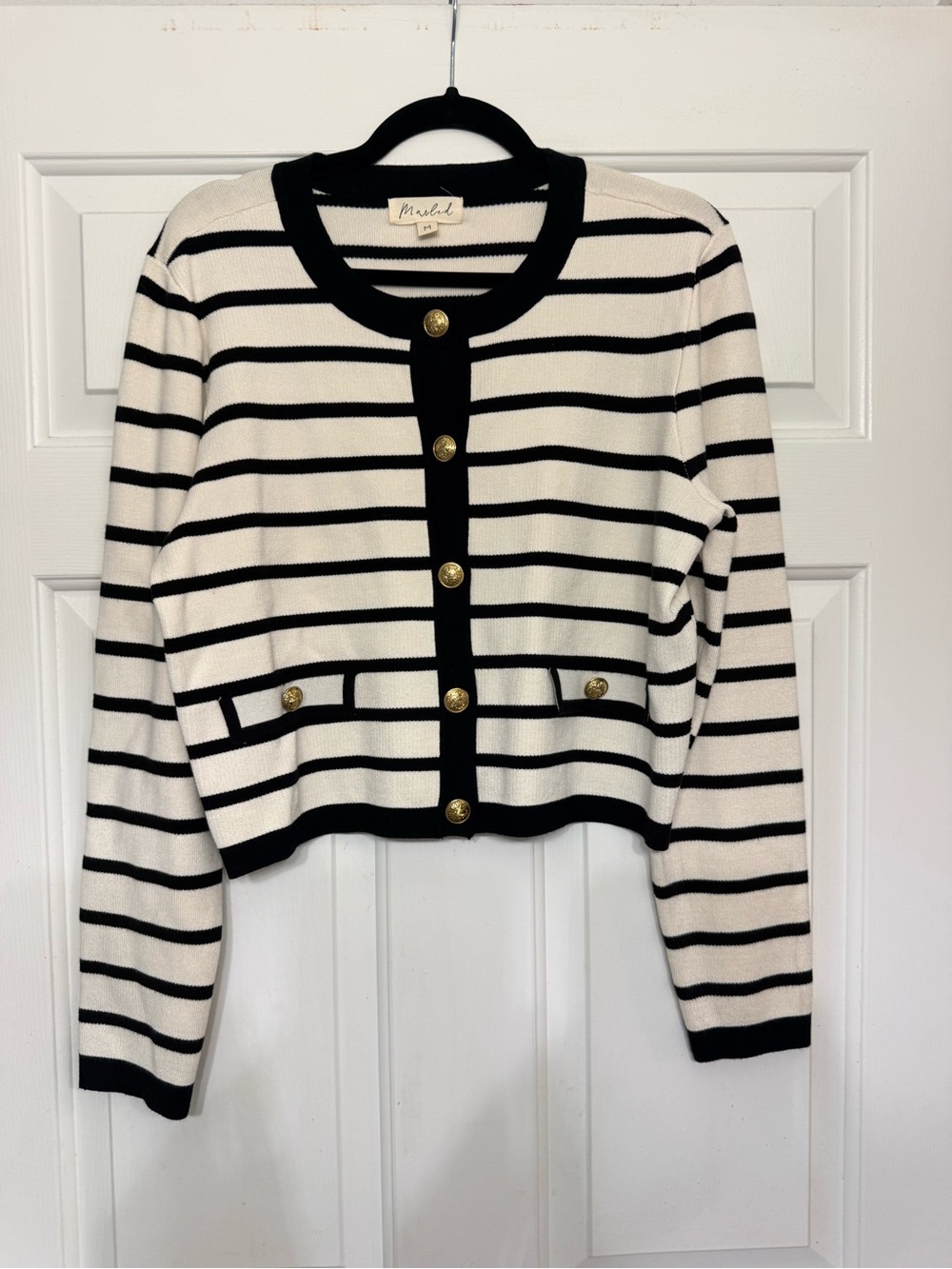 Marled Black and Cream Striped Button-Front Cardigan - Picture 2 of 4